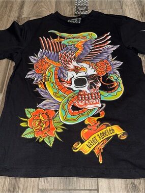 Rebel Vengeance Black Short Sleeve Tee with Neon Skull, Snake & Rose Artwork